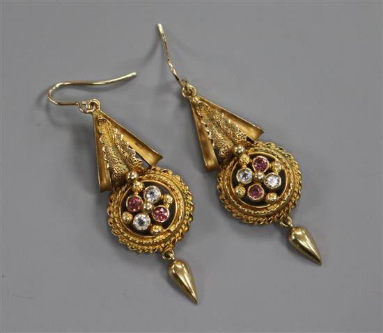 A pair of Victorian yellow metal gem set drop earrings, 43mm.
